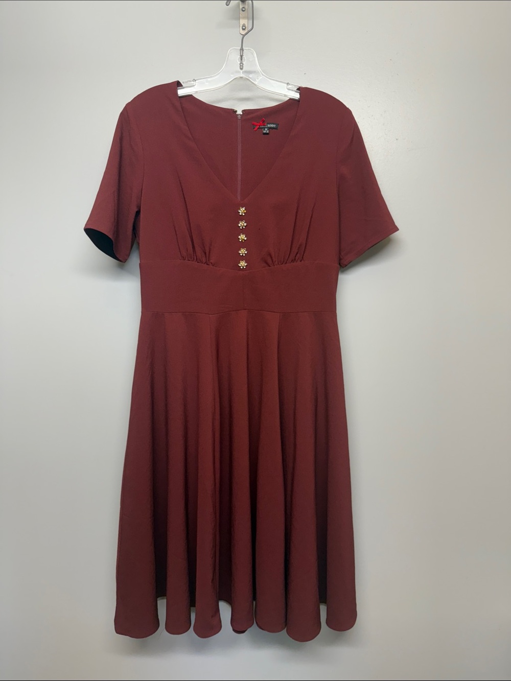 Hell Bunny Burgundy V‑Neck Midi Dress with Gold Floral Buttons